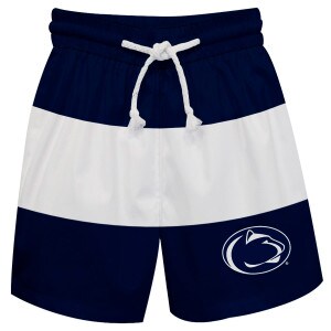 youth swim trunks navy and white stripes, Penn State Athletic Logo on left thigh
